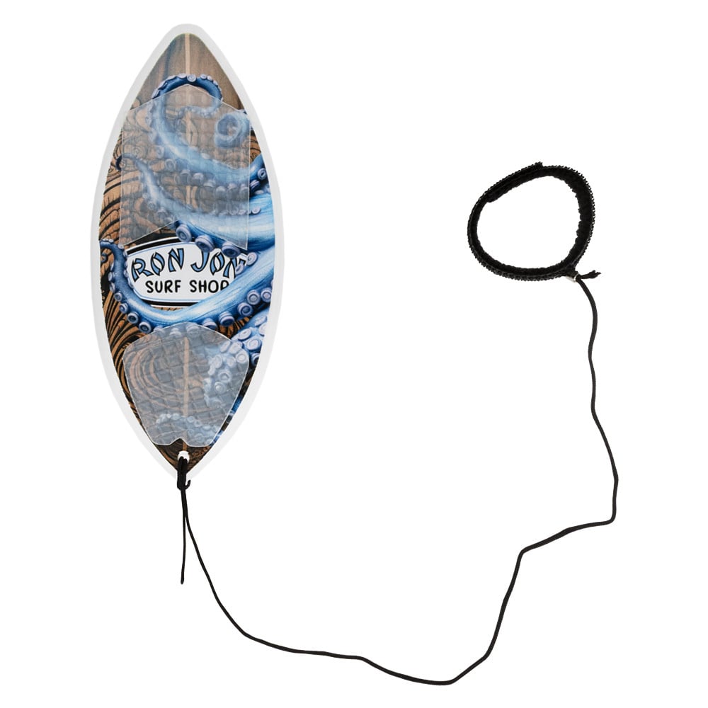 Shaka Minis board with an octopus design and Ron Jon Surf Shop logo, featuring a black leash attached to the tail.