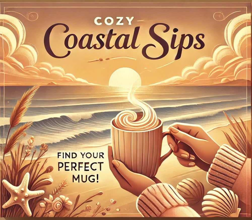 an illustration of a soothing beach scene with a pair of hands holding a steaming beverage as they look out over waves rolling in to the shore.