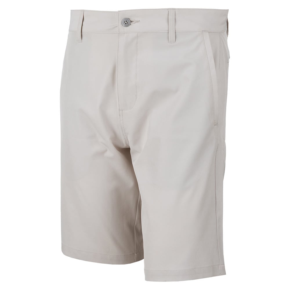 Beige knee-length shorts with belt loops, a button closure, and side pockets, displayed facing forward.