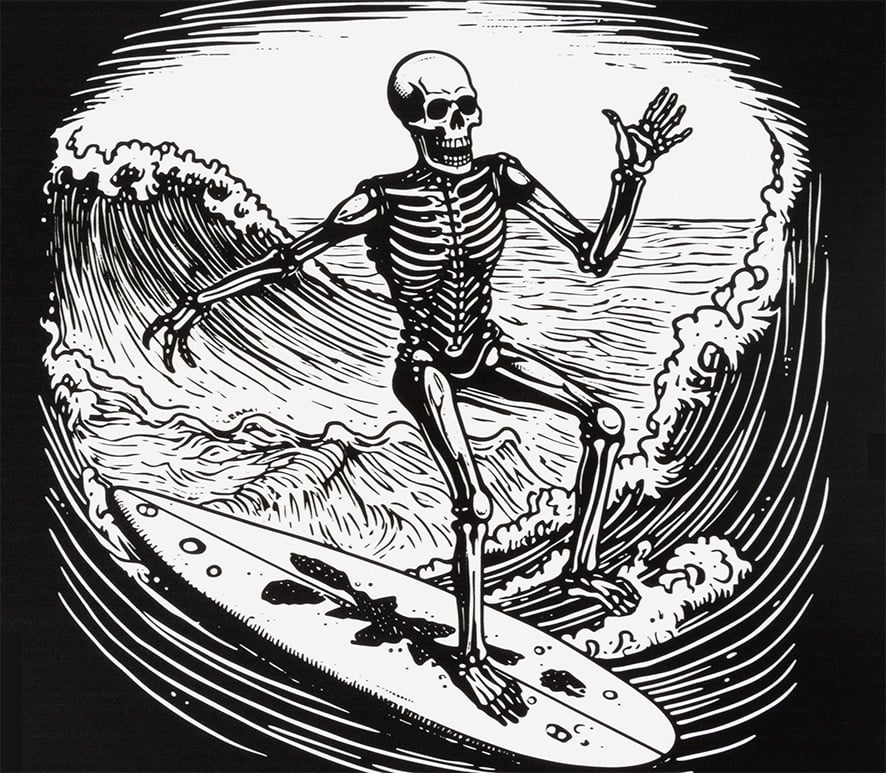 drawing of a skeleton surfing