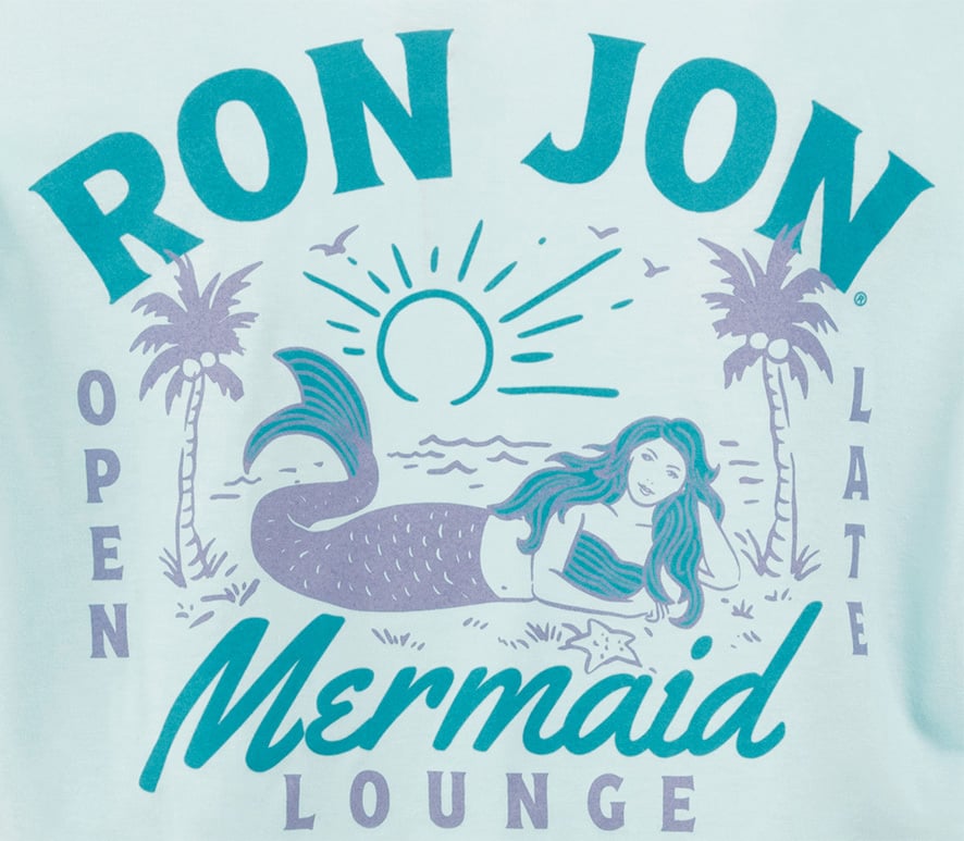 tee shirt artwork showing a mermaid on the beach with Ron Jon Mermaid Lounge Open Late