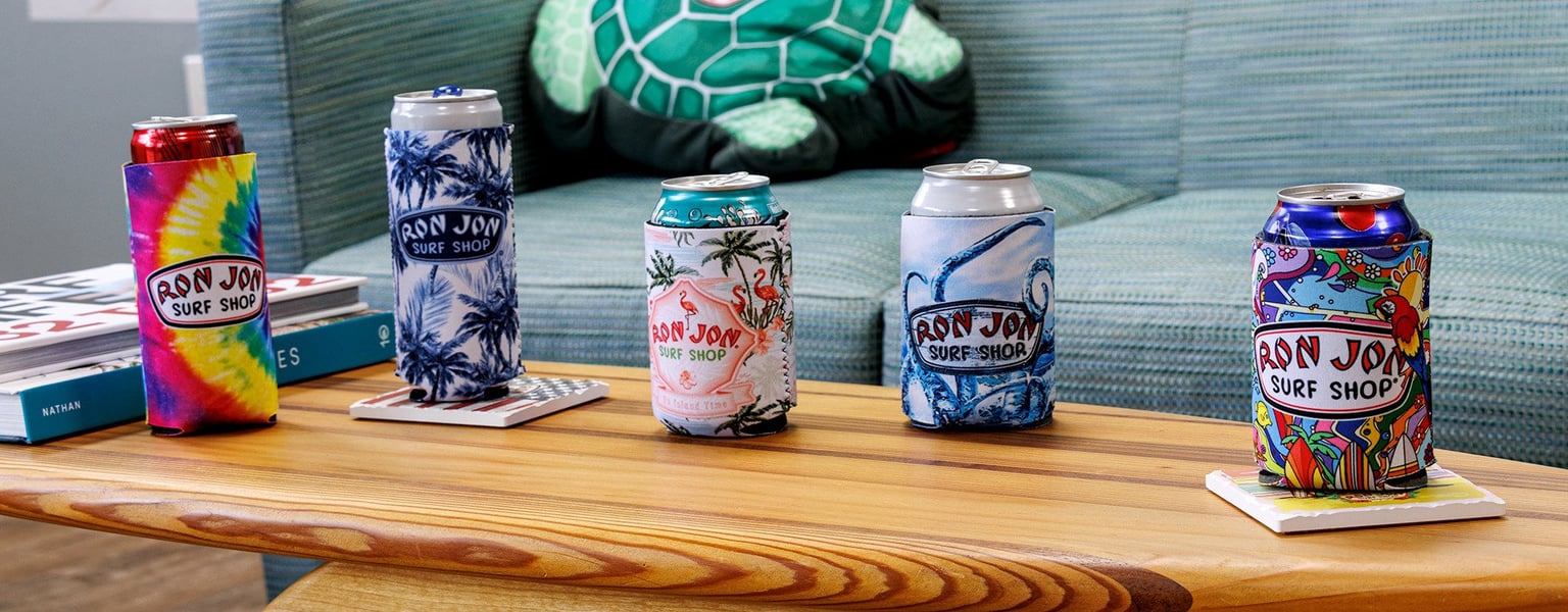 five canned beverages in ron jon neoprene coozies