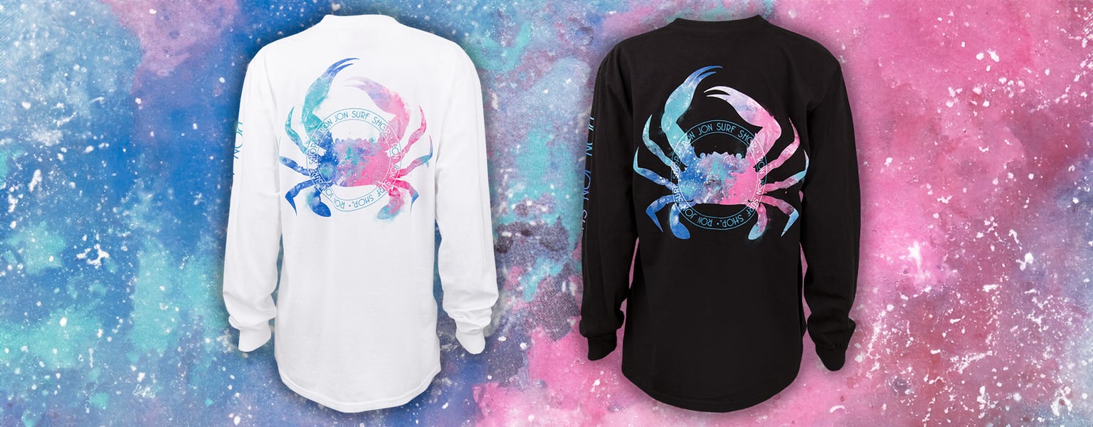 Back view of the watercolor crab women's long-sleeve t-shirt displayed on a colorful pink and blue watercolor background