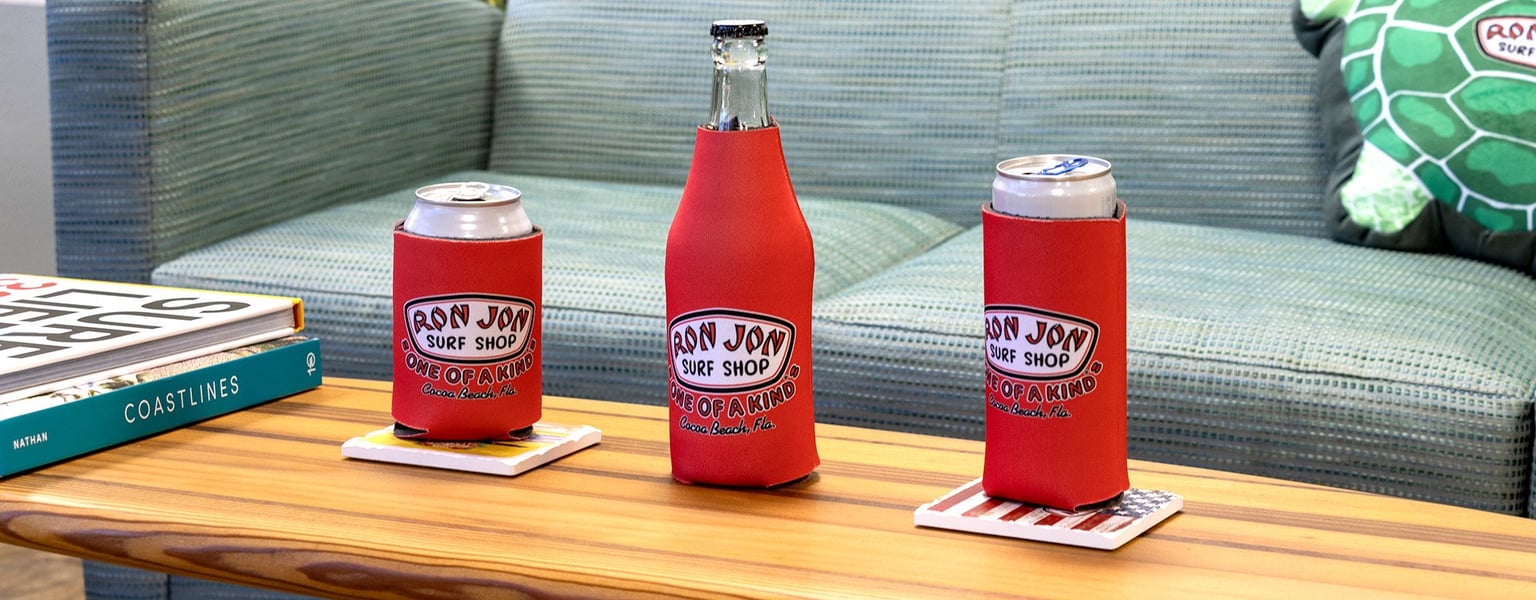 display of cans and bottles with neoprene insulating wraps