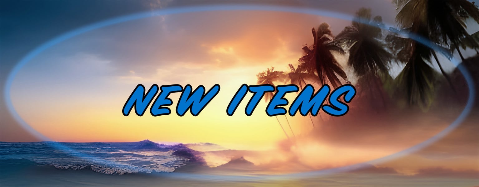 a tropical beach scene with the words "New Items"