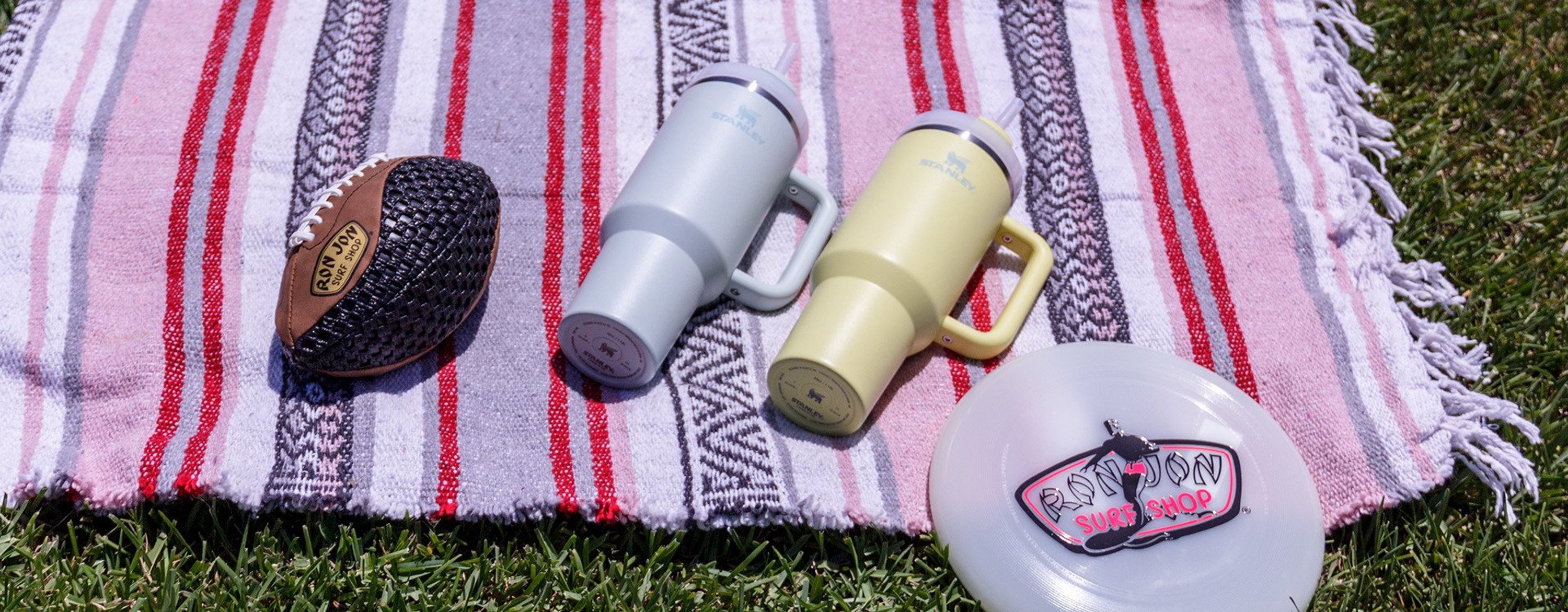 picnic blanket on grass with stanley mugs, football, and disc