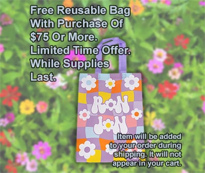 A colorful floral tote bag with Ron Jon text is shown with promotional text offering a free reusable bag with purchases of $75 or more, while supplies last. Item will not appear in the cart, but will be included in eligible orders.